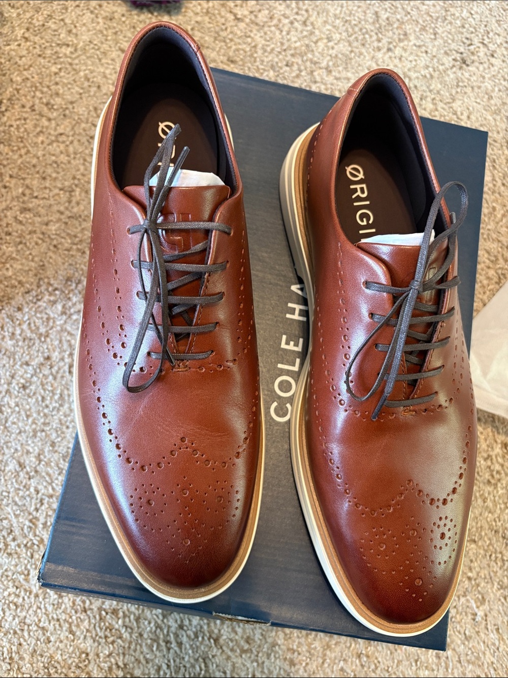 Cole Haan Men's Brown Leather Wingtip Oxfords with White Sole - Picture 4 of 6